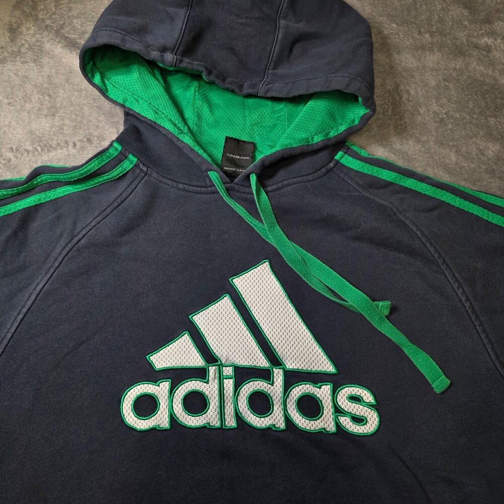 Vintage Y2K Adidas Hoodie Mens Large Blue Green Logo Graphic Fleece Sweatshirt